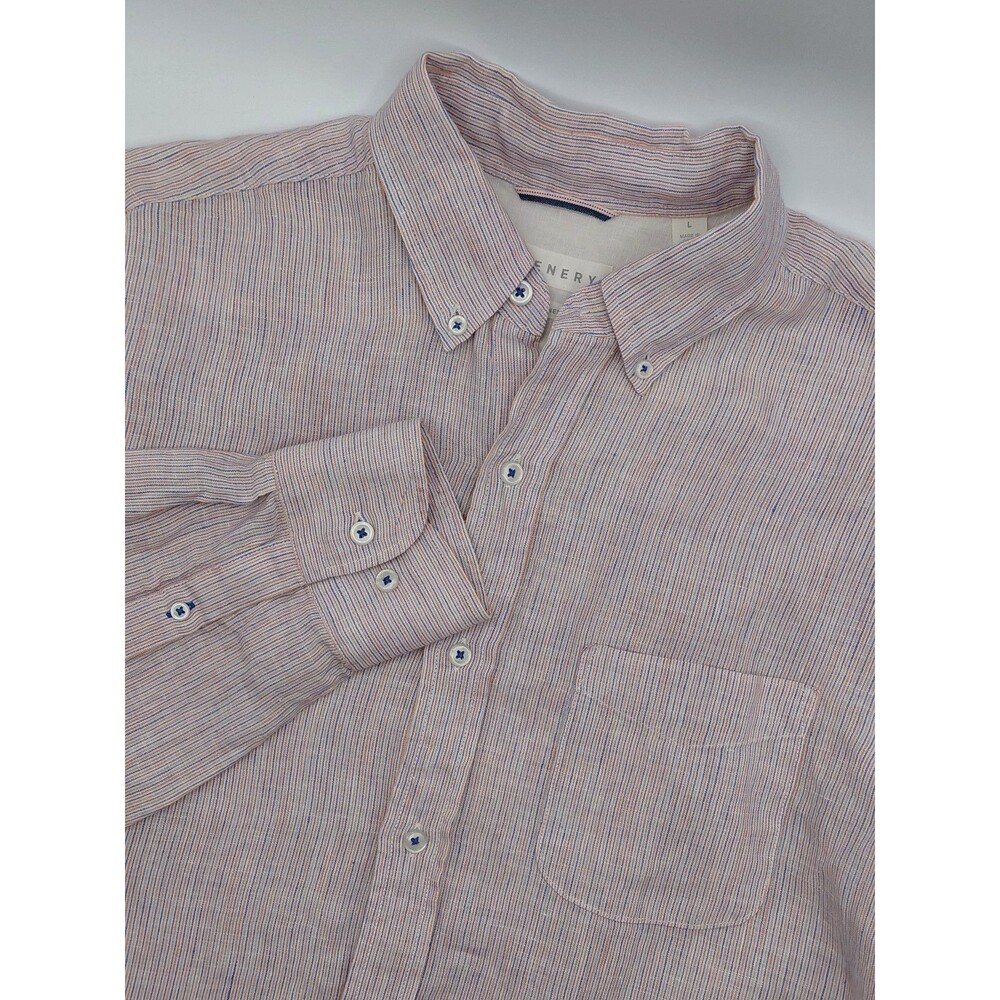 Trenery 100% Linen Striped Long Sleeve Shirt Men's Large Pink Blue Stripes